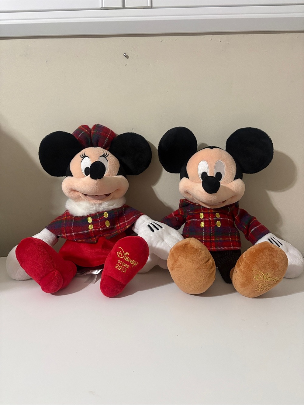 Disney Minnie & Mickey Plush Pair in Black, Red, Tan Plaid Outfits